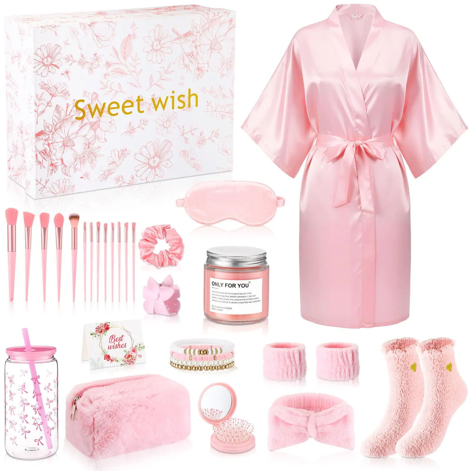 Women Spa Gift Basket 15 Pcs Self Care Set with Silk Bathrobe Makeup Brushes Candle Luxury Relaxing Bath Gift Birthday Gift Set for Mom Wife Grandma Birthday Get Well Soon Thinking of You Stress Relief Care Package
