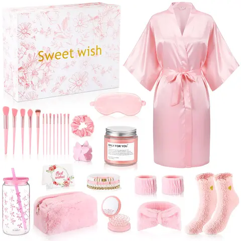 Gejoy Silk Robe Gift for Women 15pcs Spa Gift Box Bathrobe Relaxing Care Basket with Makeup Brushes Candle Silk Sleepwear Bath Salt Shower Soap Socks Birthday Gift for Girlfriends Beste Wife Siste Siste Friends Girls
