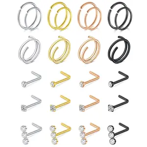 Multi-Color Nose Ring Set, 20-Piece Assorted Piercing Kit with Double Hoop Rings and L-Shaped CZ Studs, Silver, Gold, Rose Gold & Black Tones for Everyday & Elegant Styling