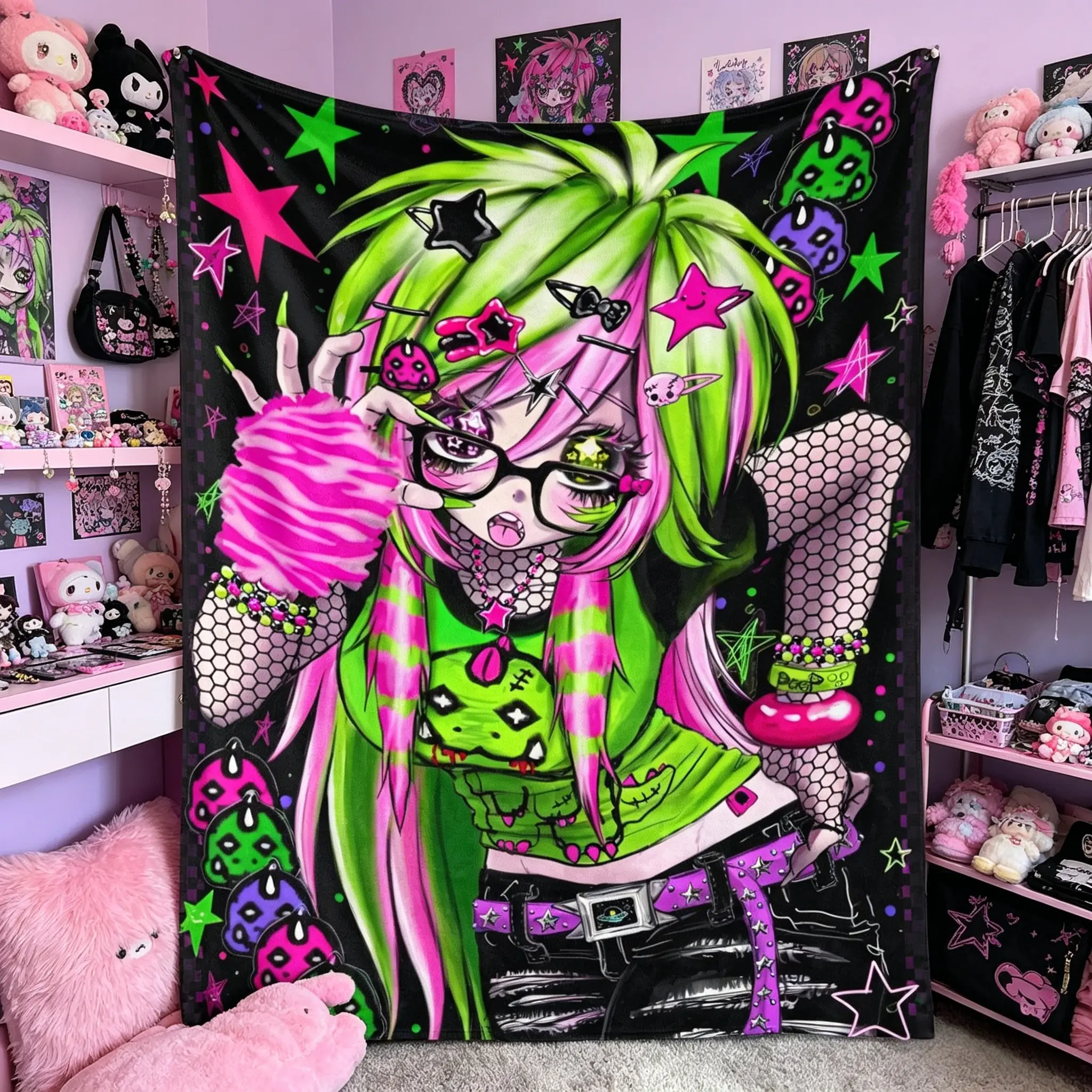 Scene Queen Aesthetic Blanket Neo Scene Grunge Punk Emo Room Decor Cute Monster Neon Pink Green Fleece Throw Blanket Cyber Y2K Mall Goth Blanket