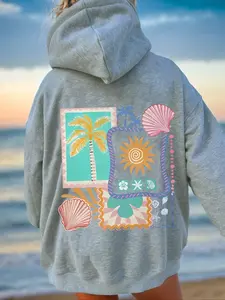 Chic Women's Ocean Life Print Hoodie, Drawstring Detail & Pocket Design, Casual Long Sleeve Pullover