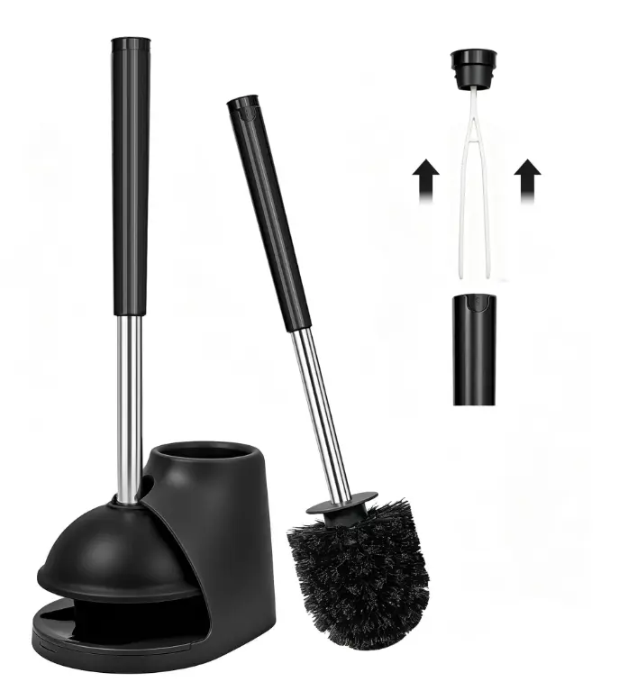 TidyBliss Toilet Brush and Plunger Set with Hidden Tweezers (Black)