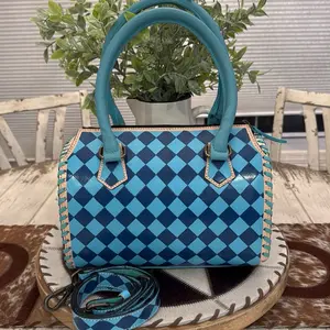 Blue Checkered Satchel with Teal Accents and Adjustable Strap for Everyday Use