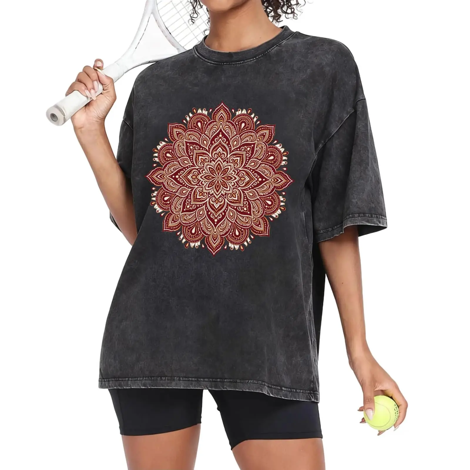 Women's Oversized Vintage Washed Drop Shoulder T-Shirt Boho Mandala Pattern Casual Short Sleeve Yoga Lounge Graphic Tee