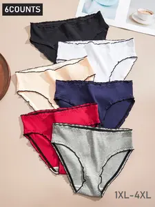 6-Pack Plus Size Women's Elegant Control Top Briefs, Panties, Lace Trim, High Stretch Comfortable Breathable Classic Ribbed Underwear, All-Season Wear