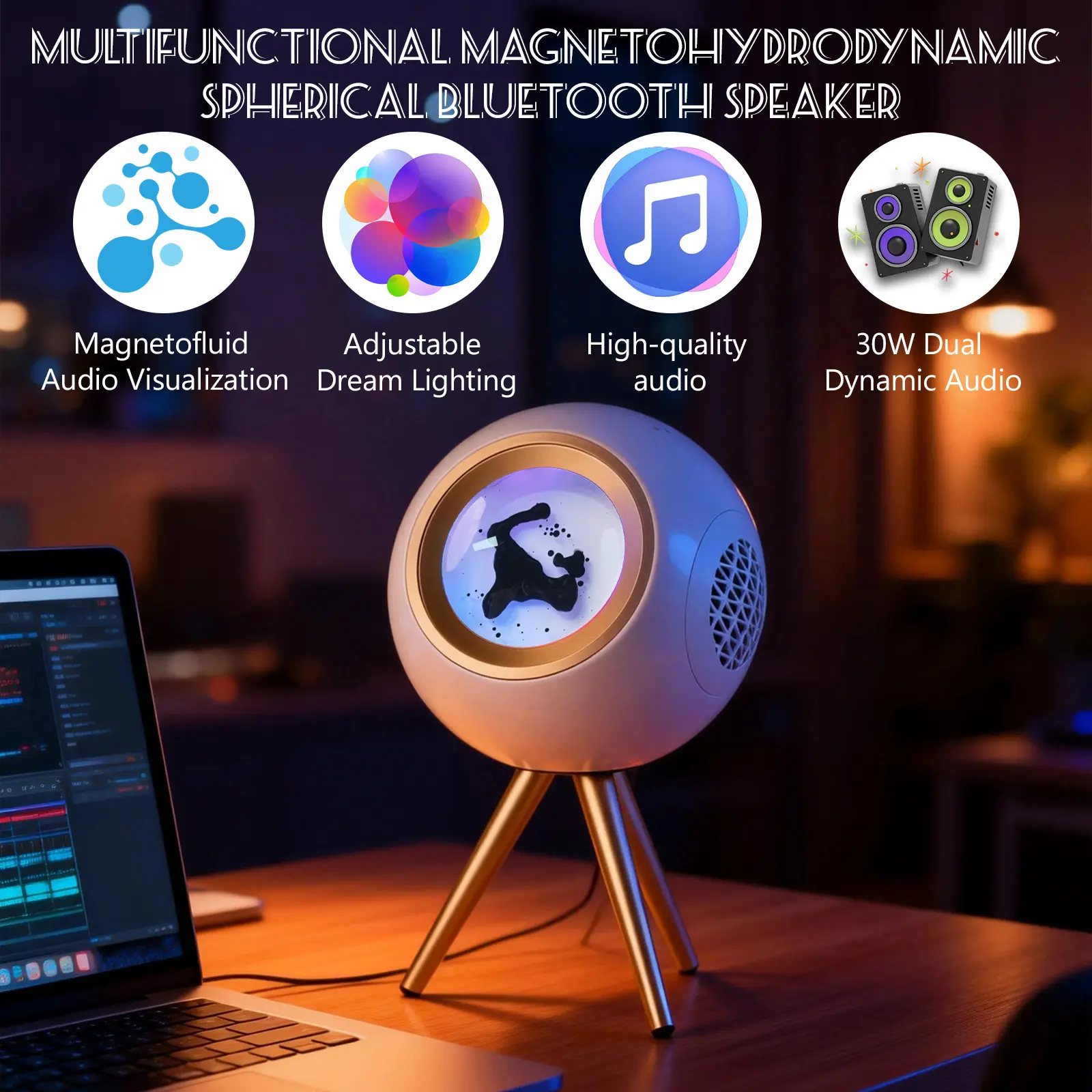 VENOM BALL Magnetic Fluid Bluetooth Speaker SP-B01, 30W Dual 15W Speakers with RGB Rhythm Light, Bluetooth 5.3 TWS Stereo Wireless Audio, Type-C Charging AUX U Disk Playback, Touch Control Desk Decor Gift, Black & White Optional
