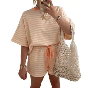 Women's Pink Stripe Tee & Drawstring Shorts Set Relaxed Fit Comfortable Shorts with Pockets Ideal for Vacation and Cute Everyday Looks - Clothes, Womenswear