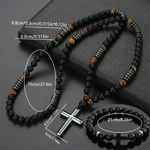 2 Piece Personalized Matte Black Tiger Eye Cross Pendant Necklace Set for Men Minimalist Jewelry Gift
