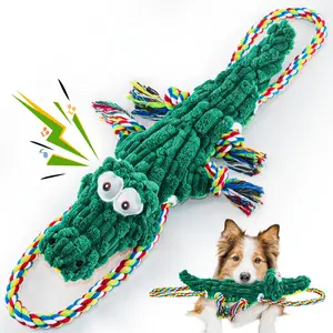 [Durable Squeaky Alligator Toy] Large Durable Squeaky Alligator Dog Toy - Colorful Textured Stuffed Chew & Tug-of-War Rope Toy for Small, Medium, and Large Breeds