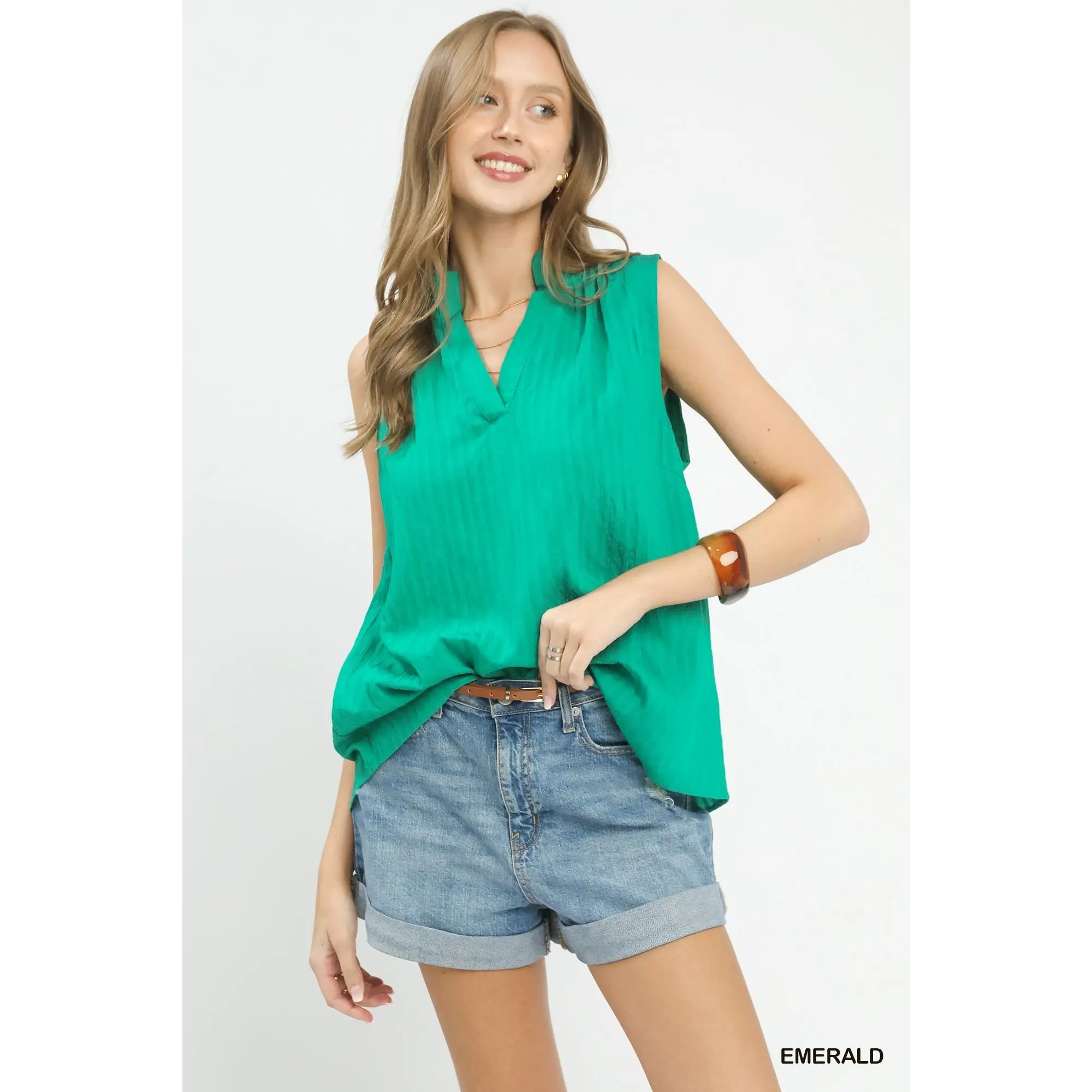 Umgee Sleeveless Textured Notch Neck Top