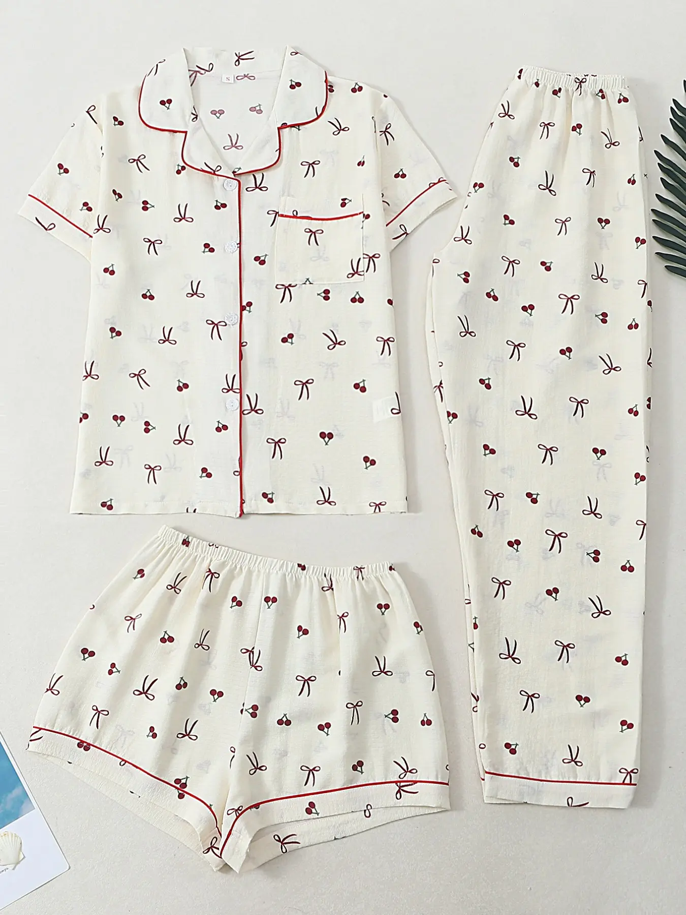 Three-Piece Women's Printed Pajama Set, Short Sleeve Cardigan Top + Shorts + Long Pants, Peach Color Cherry Bow Print, Casual All-Season Sleepwear, Loungewear, Pjs, Pyjamas