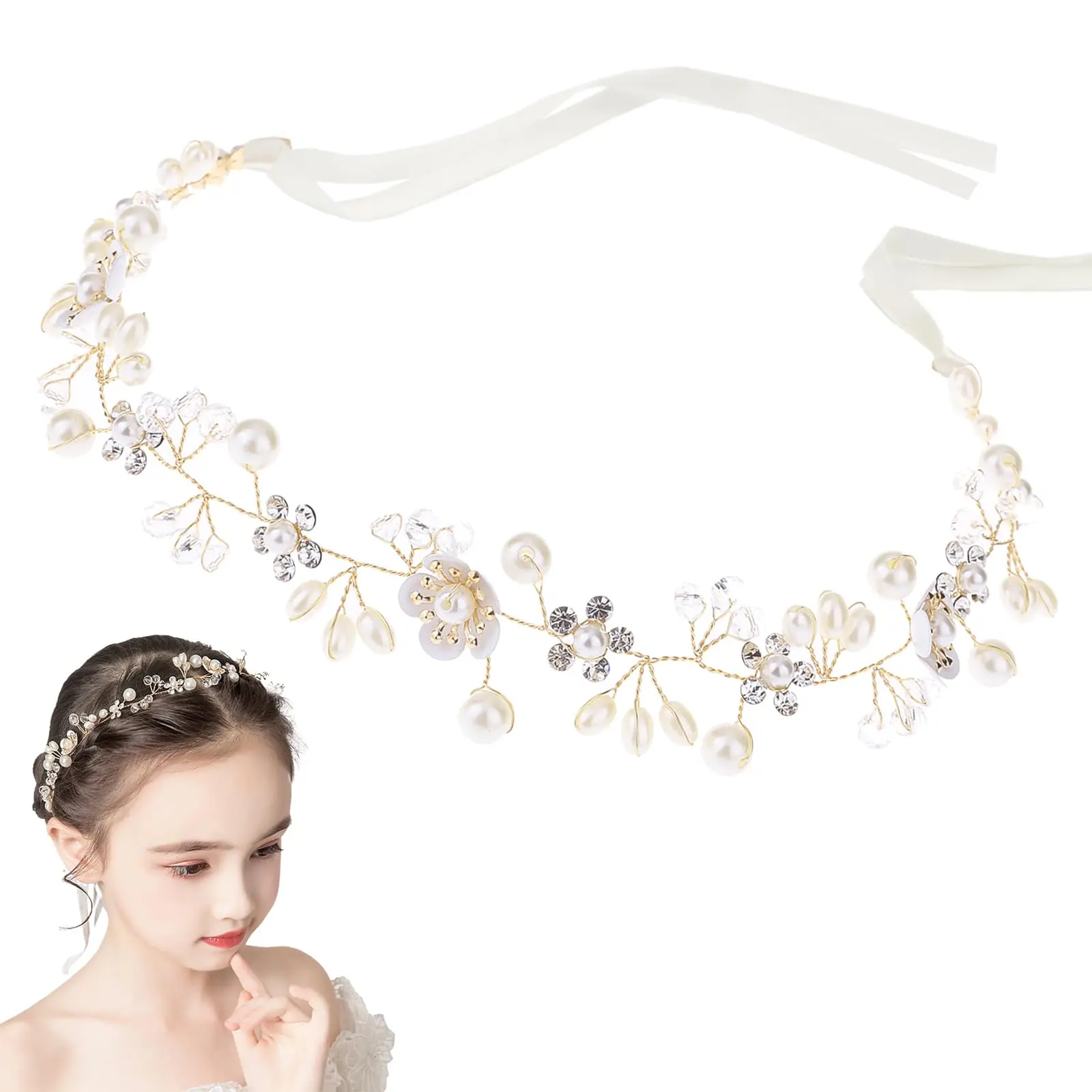 Girls' Floral Hair Vine with Crystals & Pearls, Elegant Rhinestone Headpiece, Adjustable Bridal Hair Jewelry for Weddings & First Communion, Bridal Hair Accessories