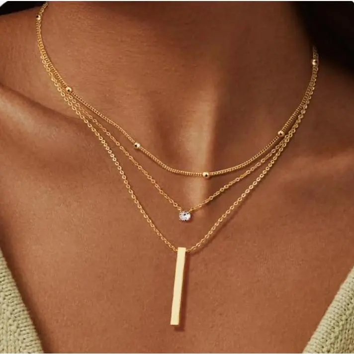 Golden zircon stick three layer necklace