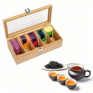 Wooden Tea Bag Storage Box, Multifunctional Tea Cabinet with Shelves for Coffee and Tea Bags, Desktop Organizer Display Case, Bamboo Organizer