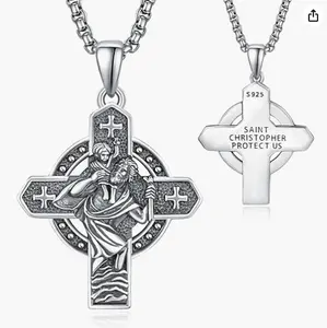 TANGPOET Saint Christopher Necklace for Men Sterling Silver St Christopher Necklace Mens St Christopher Medal Cross Protection Jewelry Religious Gifts