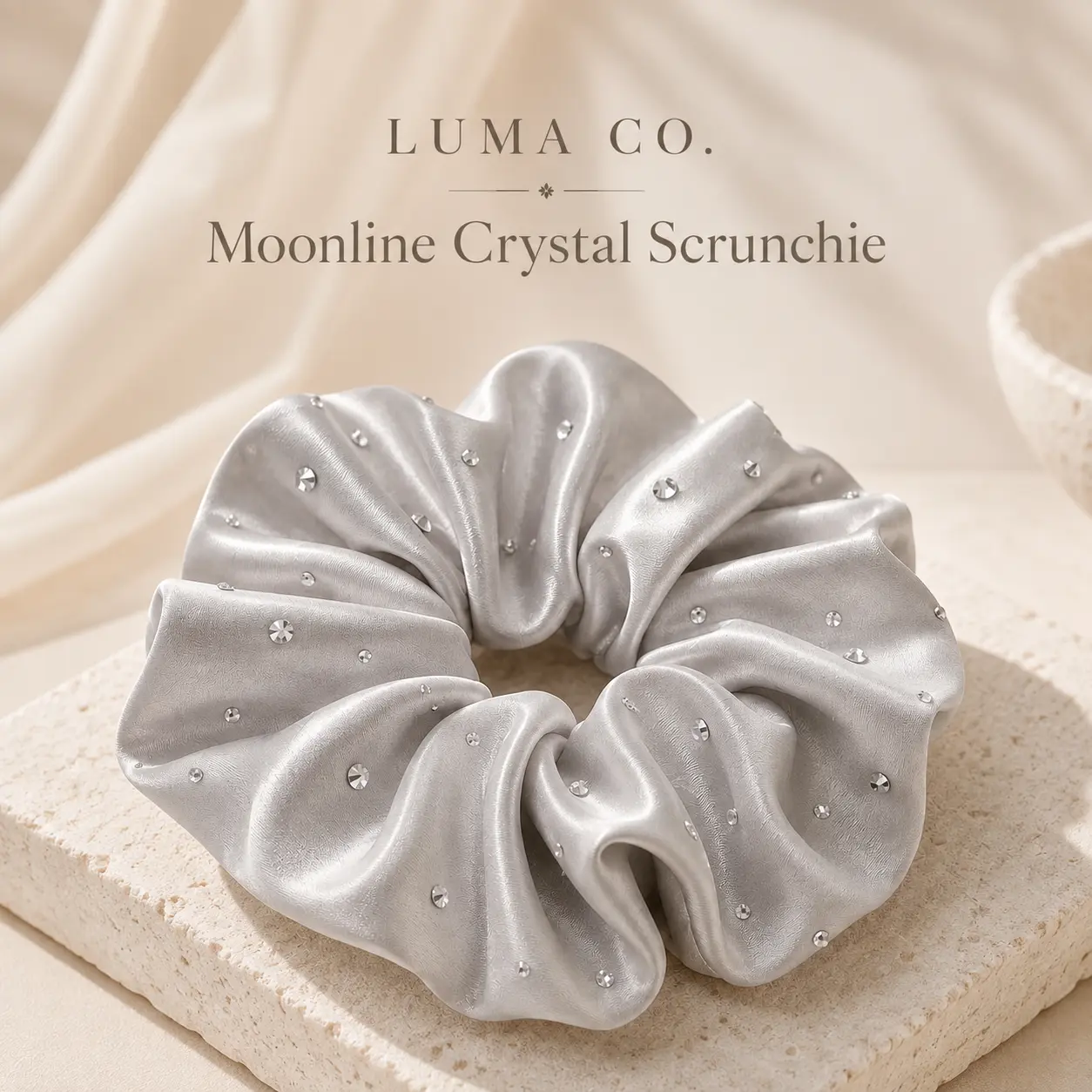 Moonline Crystal, Silver Satin Hair Scrunchie with Crystal Studded Accents