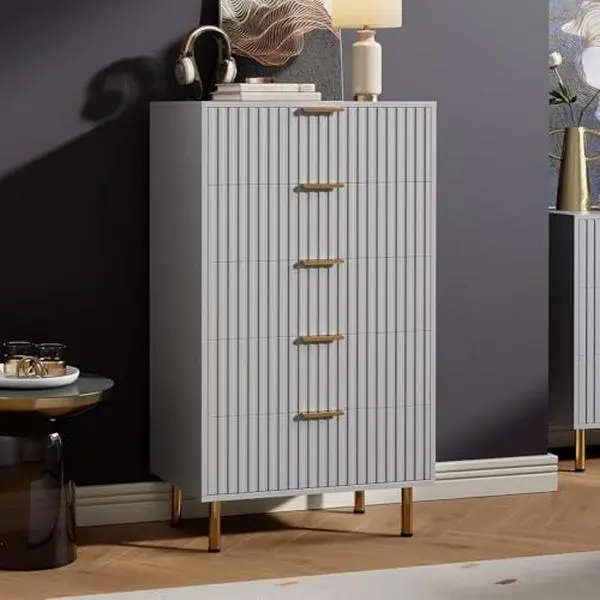 Fluted 5 Drawer Dresser for Bedroom, 48 in Tall Modern Chest of Drawers with Deep Drawers and Wide Top, Wooden Dresser Organizer for Living Room, Hallway, Kids Room, Grey