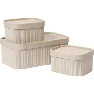 Fluted Cardboard Storage Baskets with LeatherLike Lids Sturdy Stackable Paper Boxes Decorative Tray Set of 3 Ivory