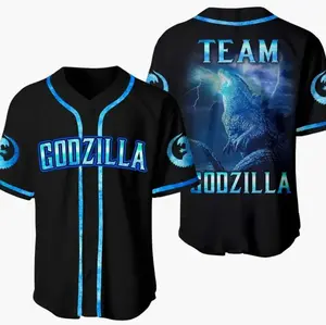 Team Godzilla Baseball Jersey Shirt – Japanese Streetwear Kaiju Graphic, Button-Up Athletic Top, Breathable Fabric, Oversized Fit, Unisex Casual Sports Style