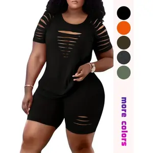 Plus Size Solid Color Short Sleeve Round Neck Hollow Top Tight Shorts Two-Piece Set, Casual and Fashionable, Comfortable and Breathable Daily Outdoor Clothing, Summer Women’s Clothing, Matching Set, Women’s Clothing, Casual Formal Set GARMENTARY