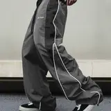 Men's Black Colorblock Casual Joggers - Polyester Activewear, Embroidered Straight Wide Leg, White Side Stripes, Drawstring Waist, Men's Streetwear for Gym, Gym-to-Casual Father's Day Gifts,sohochic