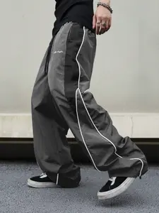 Men's Black Colorblock Sweatpants with White Side Stripes & Embroidered Design, Casual Gym Wear, Loose Athletic Long Pants, Trendy Street Fashion Joggers, Drawstring Waist, Straight Leg Cut, Polyester - mens pants