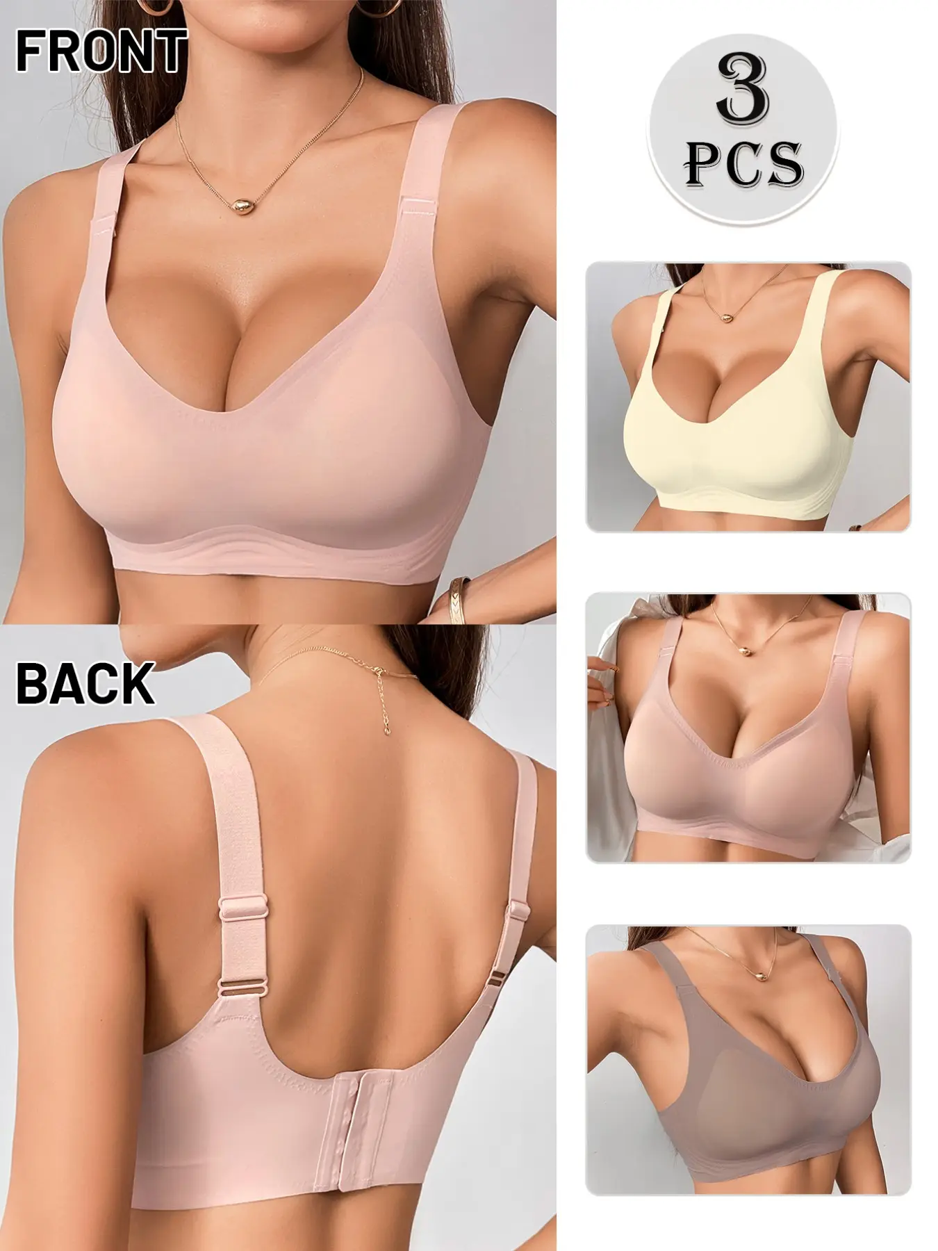 3 Pack Women's Seamless Jelly Strip Soft Support Wireless Bralette, Soft Wireless Bralettes, Push Up Lift Anti-Sagging Side Support, Adjustable Wide Straps Back Smoothing, Full Bust Friendly for Daily Commute & Yoga