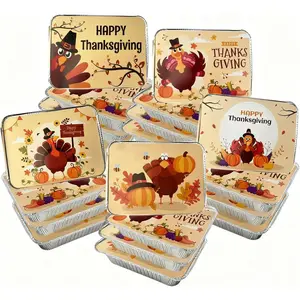 50 Pack Thanksgiving Aluminum Pans with Lids - 8.5x6 Inch Disposable Foil Pans (2.25lb Capacity), 5 Holiday Print Designs, foil containers with lids for Baking, Cooking, Leftovers