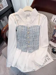 Plus Size Women's Shirt Vest Two-Piece Set, Casual Fitted Plain Woven Fabric, Fall Fashion, Comfortable Moderate Thickness