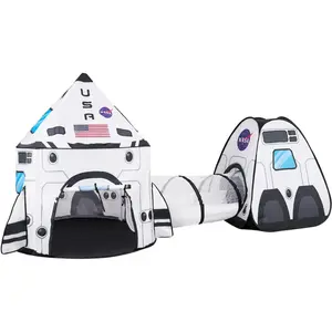 White Rocket Ship Pop up Play Tent with Tunnel and Playhouse Kids Indoor Outdoor Spaceship Tent Set