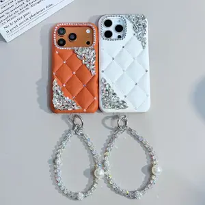 Orange-White Quilted Leather Diamond Case For iPhone14/15/16 Series | Leather Quilt + 3D Sparkle Diamond Decor | Shockproof Scratch-Resistant + Crystal Pearl Chain | Party Outing Light Luxury Noble Goddess Style