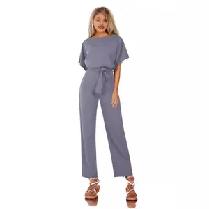 2024 Cross-Border European and American Fashion Set Export Solid Color Casual Short Sleeve Slim Fit Tie Jumpsuit