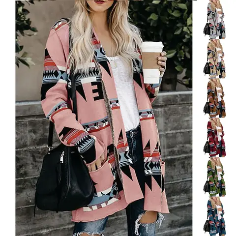 Women's Essential Aztec Ethnic Open-Front Cable-Knit Cardigan Sweater - Nylon Knitwear, Stretchy Soft Long-Sleeve Mid-Long Casual Simple Fit Loose Duster Coat Outerwear, Side Pockets, Flattering Drop Shoulder, Machine Washable (Pairs with Blouses)