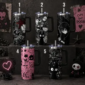 Gothic Cute Tumbler, Pink Black Straw Cup, Emo Cat Travel Mug, Spooky Kawaii Drinkware, Alternative Gift for Girls Teens Women