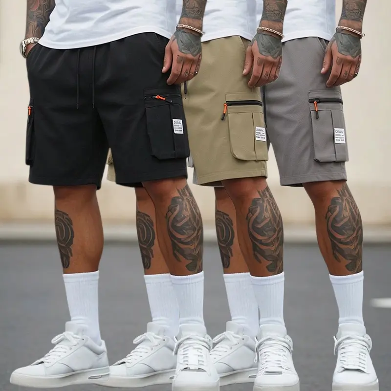 Men’s 3-Pack Cargo Shorts, Casual Menswear with Polyester Fabric, Zipper Pocket, Drawstring Waist, Summer Streetwear Skate Shorts, Casual Athletic Shorts, Multipocket Men's Shorts