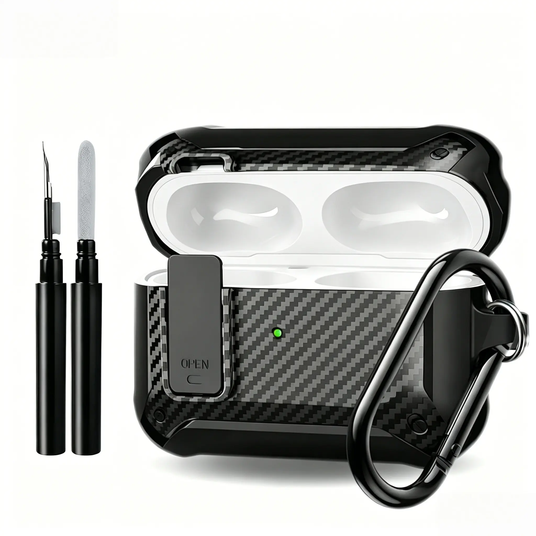 Carbon Fiber Pattern Earphone Case with and Cleaning Kit, Compatible Fit, Shockproof Protective Cover, Earphone Accessories Compatible with AirPods Pro 2/1/2/3/4, Audio Headphones Protection