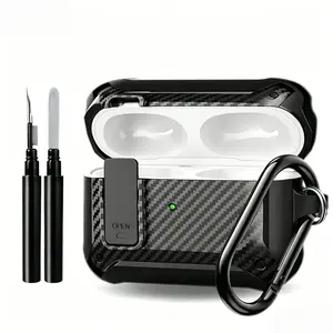 Carbon Fiber Pattern Earphone Case with Clip and Cleaning Kit, Shockproof Protective Cover, Earphone Accessories Compatible with AirPods Pro 2/1/2/3/4, Audio