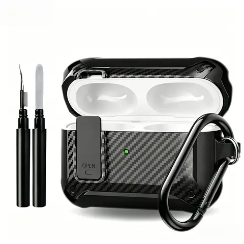 Carbon Fiber Pattern Earphone Case with and Cleaning Kit, Compatible Fit, Shockproof Protective Cover, Earphone Accessories Compatible with AirPods Pro 2/1/2/3/4, Audio Headphones Protection