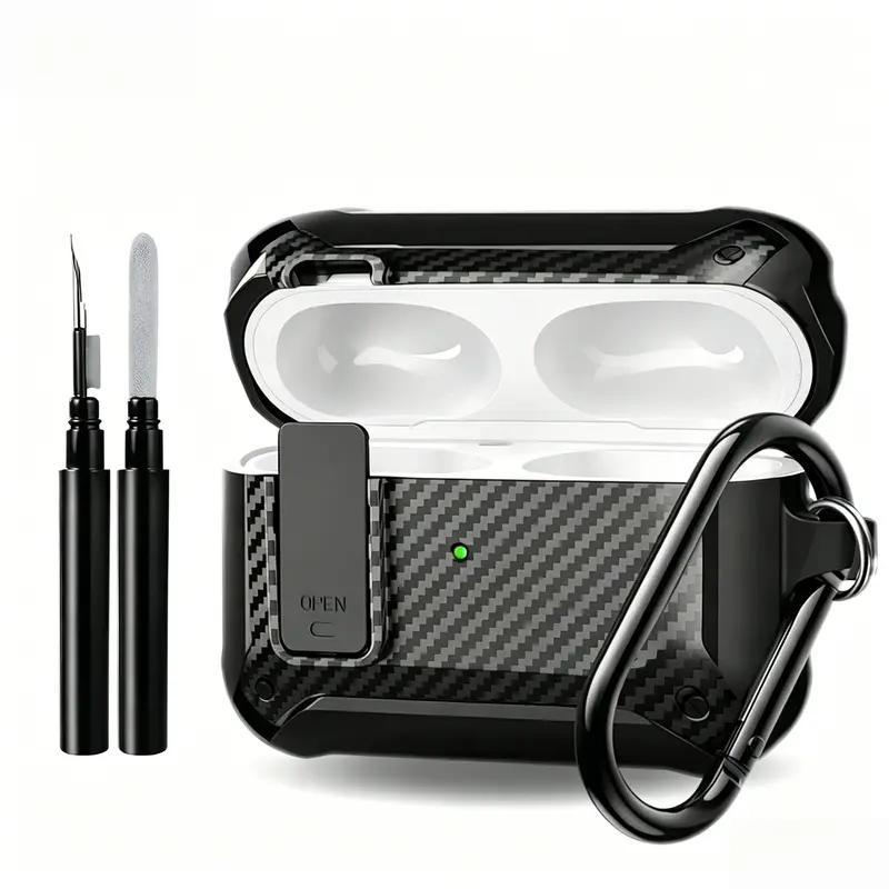 Carbon Fiber Pattern Earphone Case with and Cleaning Kit, Compatible Fit, Shockproof Protective Cover, Earphone Accessories Compatible with AirPods Pro 2/1/2/3/4, Audio Headphones Protection