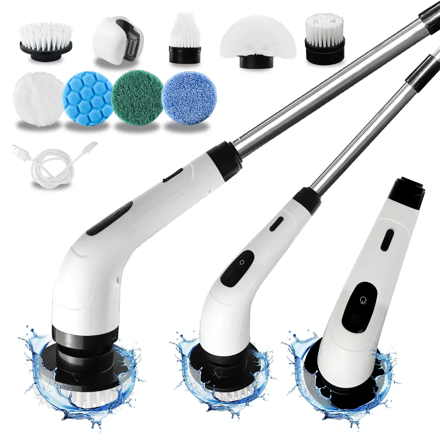 Electric Rotating Cleaning Brush with 2-Speed Settings, Adjustable Length Handle, and Detachable Brush Heads – Perfect for Cleaning Kitchens, Bathroom