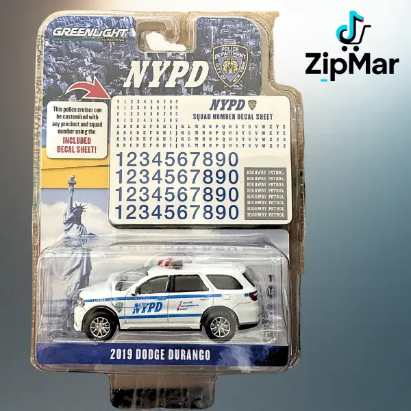 Greenlight 2019 Dodge Durango NYPD Diecast Car 1:64 Scale Hobby Exclusive Collectible with Decal Sheet Detailed Police SUV Model High-Quality Miniature Vehicle for Collectors and Kids Realistic Emergency Vehicle Replica