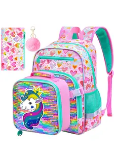 3PCS Kids Unicorn Backpack for Girls, 16" Preschool Bookbag Set with Clip-On Lunch Bag and Pencil Bag, Sequins School Bag for Toddler