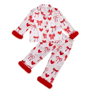 Kids Baby Girls Valentines Day Pajamas Long Sleev Button Down Sleep Shirt Top Long Pants Sleepwear Loungewear Pjs kid girl