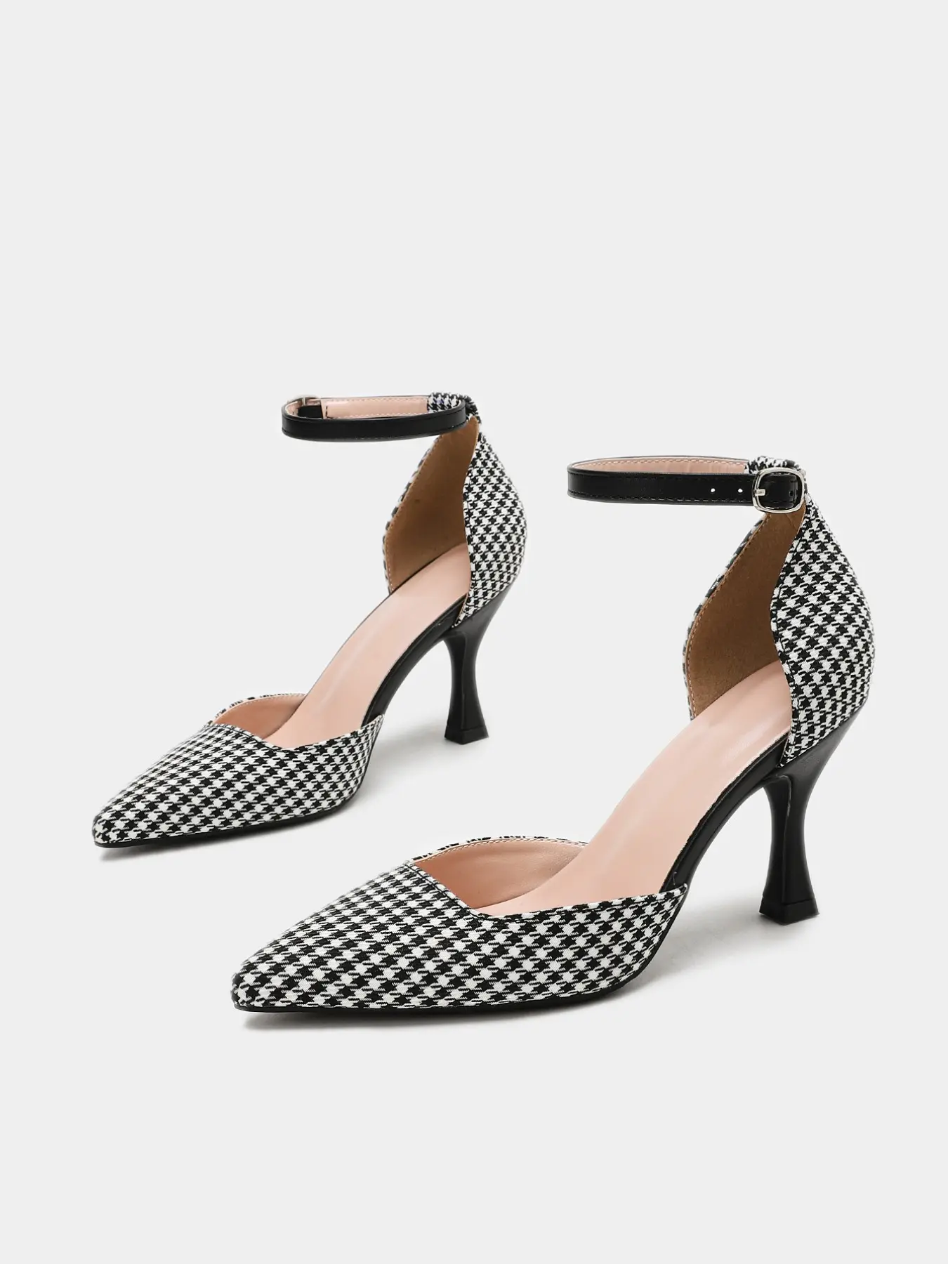 Plaid Anklet Stiletto Heel Pointed Toe High Heels, Adjustable PU Leather Buckle, Multi-Color Plaid, Office & Business Wear