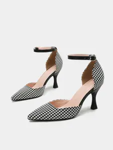 Plaid Anklet Stiletto Heel Pointed Toe High Heels, Adjustable PU Leather Buckle, Multi-Color Plaid, Office & Business Wear