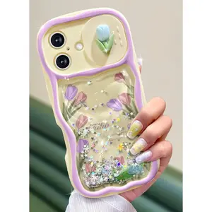 for iPhone 16 Case 6.1 Inch- Women Girls Cute Flower Tu with Sliding Camera Cover Girly Glitter Pretty Kawaii Bling Design Flowing Liquid Quicksand Cover for iPhone 16 Phone Case
