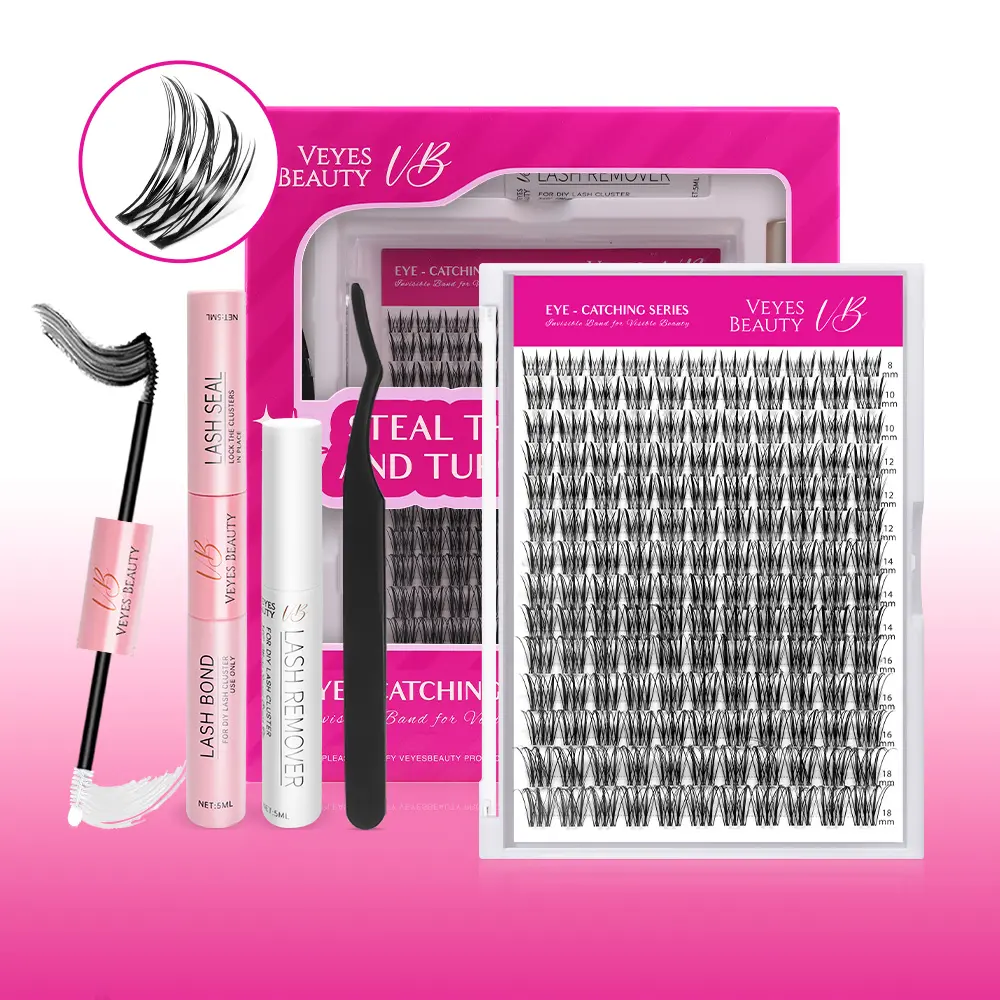 VEYESBEAUTY VB-Flutter Cluster Lashes 100% Handcrafted Ultra-thin Extremely Fine Invisible Band False Eyelash Wispy Faux Mink Lash Mixed Length DIY Eyelash Extension for Self Makeup Cosmetic Application at Home