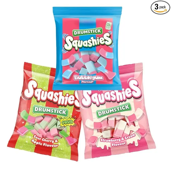 Squashie Drumstick Candy Variety Pack – 3-Pack Deal (120g Each) – Bubblegum, Sour Cherry & Apple, Strawberry & Cream – Imported from the UK