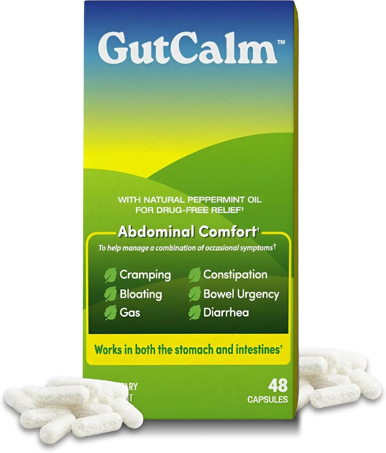 GutCalm IBS Relief Peppermint Oil Capsules, Gas & Bloating, 48 Count | 180 mg per serving, starts working in about 10 minutes, eases constipation & diarrhea, pharmaceutical-grade, made in USA
