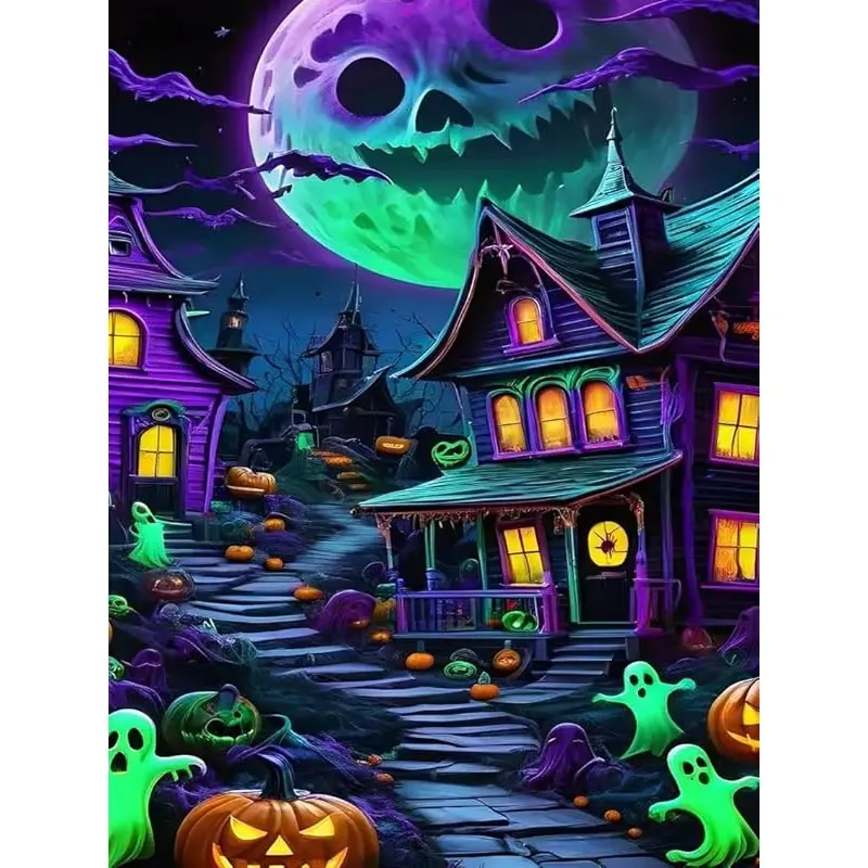 Neon Halloween Haunted Town Print Flannel Throw Blanket, Spooky Ghost Pumpkin Moon Design Soft Cozy Flannel Blanket, Vibrant Purple Green Tone Home Sofa Decor, Perfect Halloween Season Gift